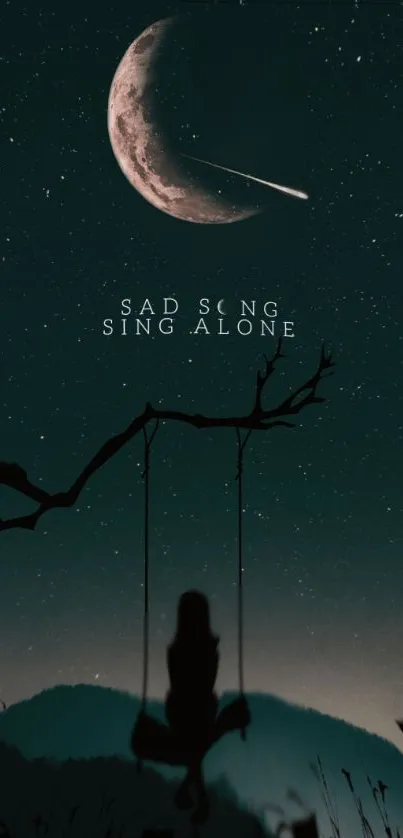 Silhouette on a swing under moonlit night sky.