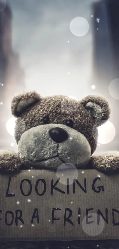 Teddy bear with a sign saying 'Looking for a Friend' in a city setting.