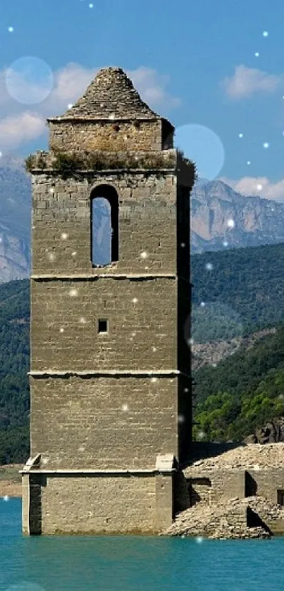 Solitary tower in turquoise water against mountain backdrop.