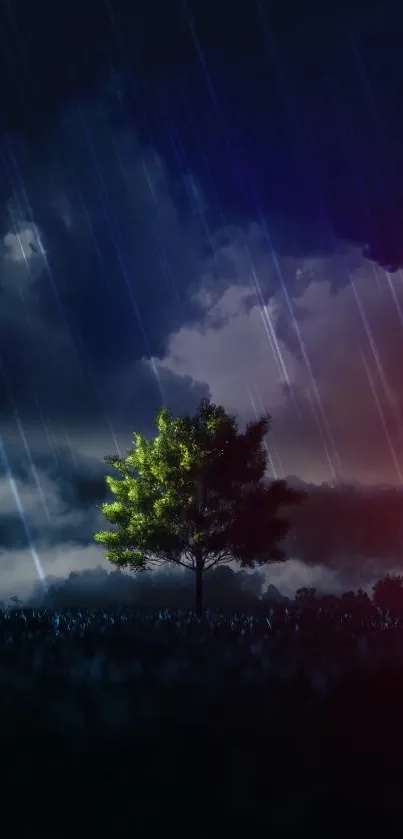 Lonely tree under a dramatic night sky with clouds and rain.