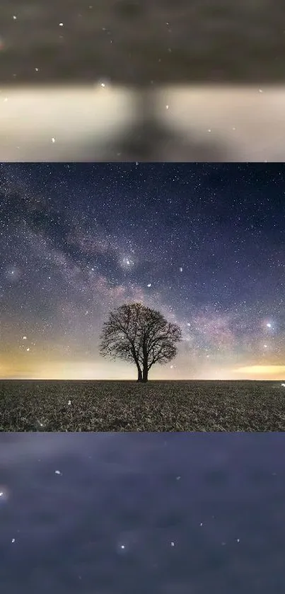 Lone tree under a starry night sky, showcasing cosmic beauty.