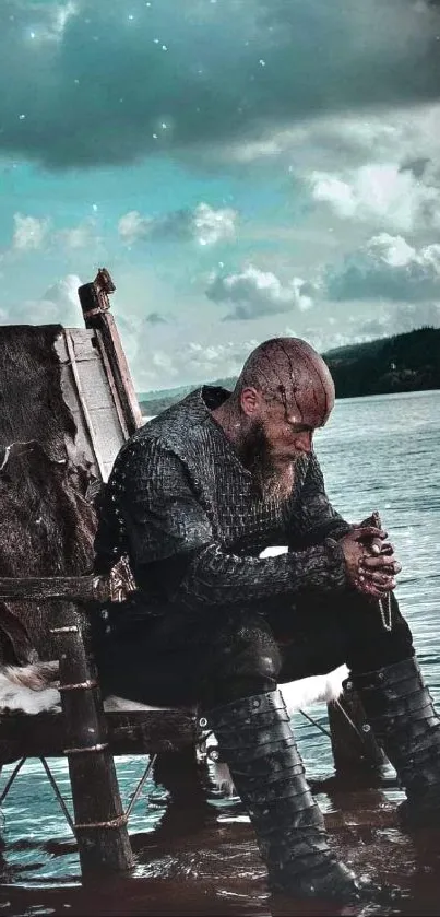 Warrior seated by a tranquil lake, deep in thought.