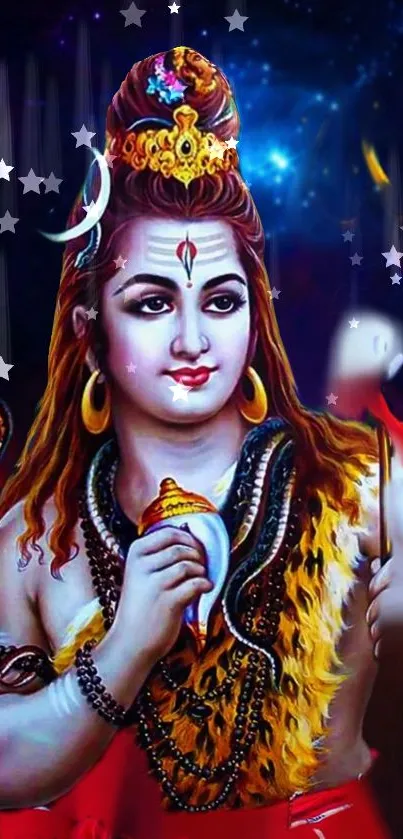 Vivid cosmic art of Lord Shiva with celestial background