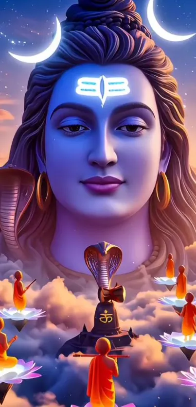 Mystical Lord Shiva surrounded by monks and celestial symbols.