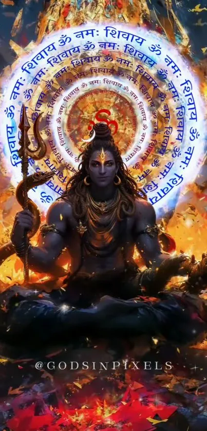 Vibrant illustration of Lord Shiva with fiery aura and mantra circle.