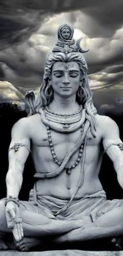 Statue of Lord Shiva meditating under stormy sky, exuding peace and divinity.