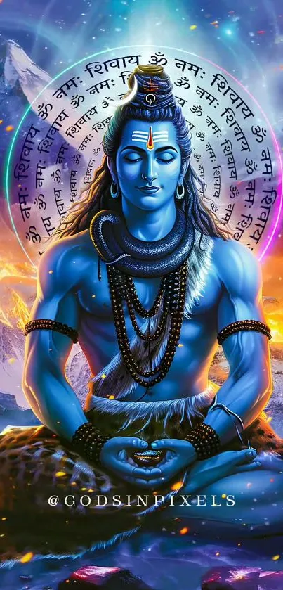 Vibrant mobile wallpaper of Lord Shiva meditating with a colorful mountain backdrop.