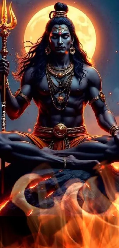 Lord Shiva in meditation with glowing moon background.