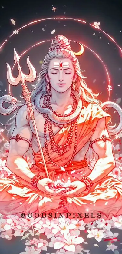 Illustration of Lord Shiva meditating with floral and divine elements.