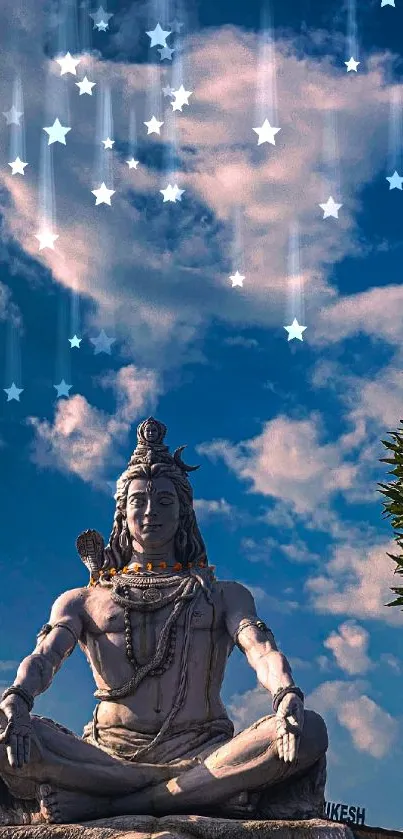 Lord Shiva statue meditating under a starlit sky, embodies spiritual peace.