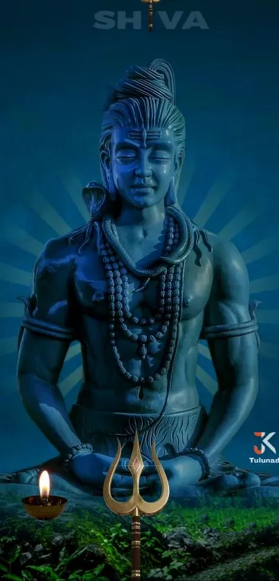 Lord Shiva statue meditation in dark blue background.