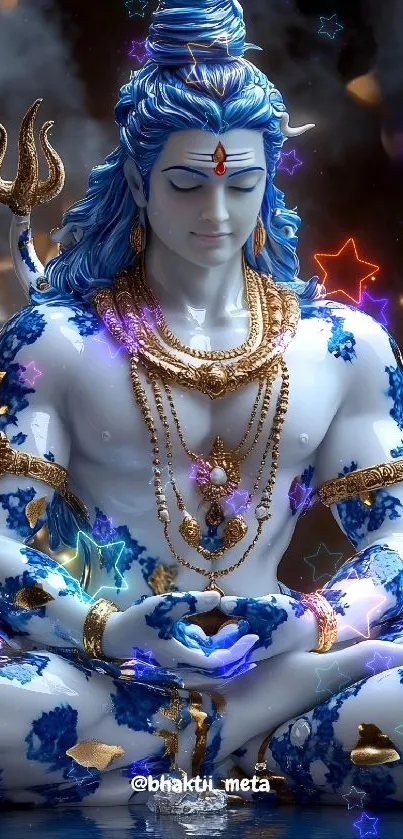 Lord Shiva in meditation with vibrant stars and blue hues.