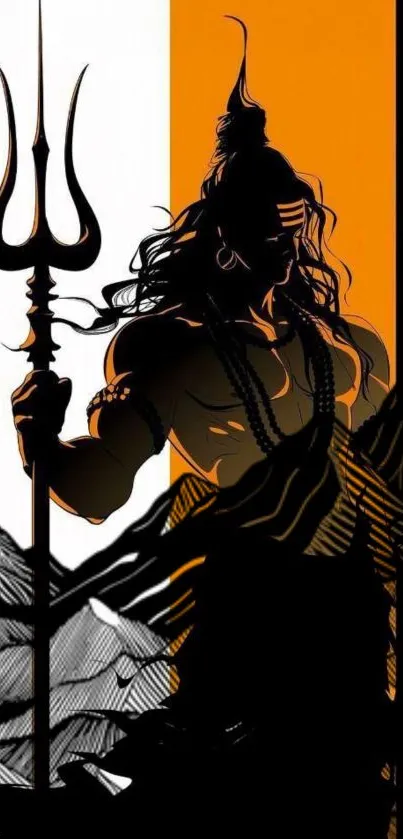 Silhouette of Lord Shiva with mountains and trident on vibrant wallpaper.