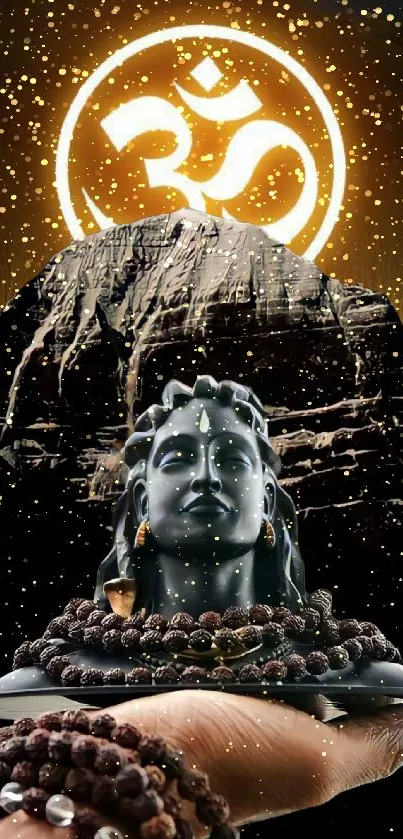 Statue of Lord Shiva with Om symbol and mystical background.