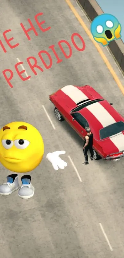 Lost emoji art on highway with classic car, whimsical illustration.