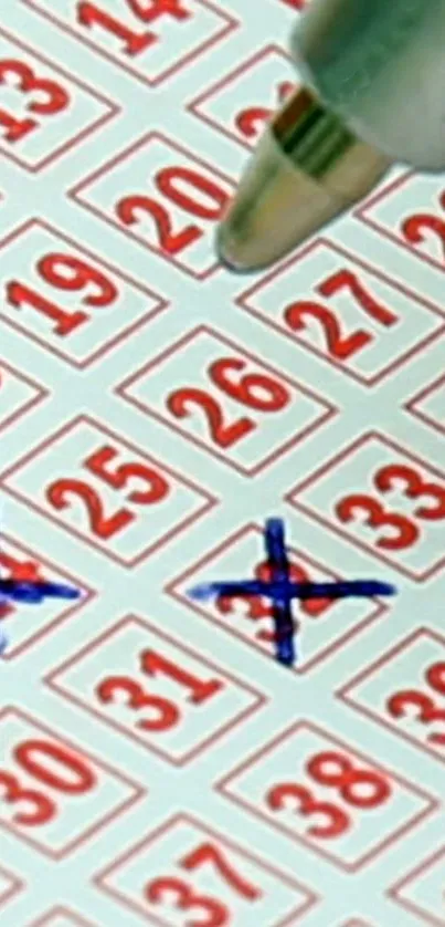 Lottery ticket with highlighted numbers and a pen.