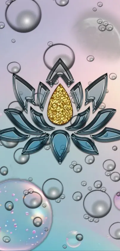 Metallic lotus with bubbles on pastel background.