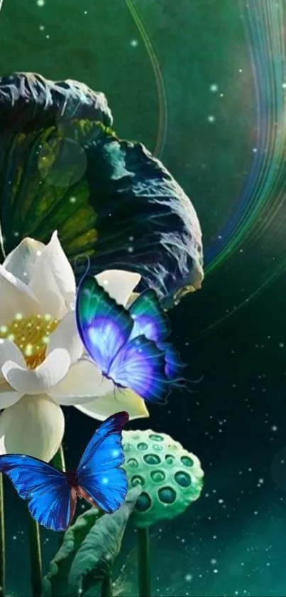 Artistic wallpaper featuring a lotus and vibrant blue butterflies.