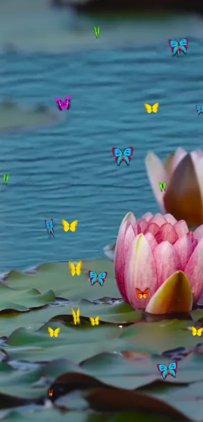 Mobile wallpaper of lotus flowers and colorful butterflies on a serene water surface.