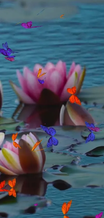 Lotus flowers and butterflies over tranquil water in a vivid wallpaper.