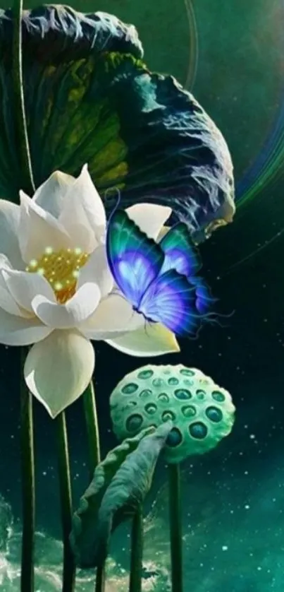 Vibrant butterfly on a lotus with a cosmic teal background.