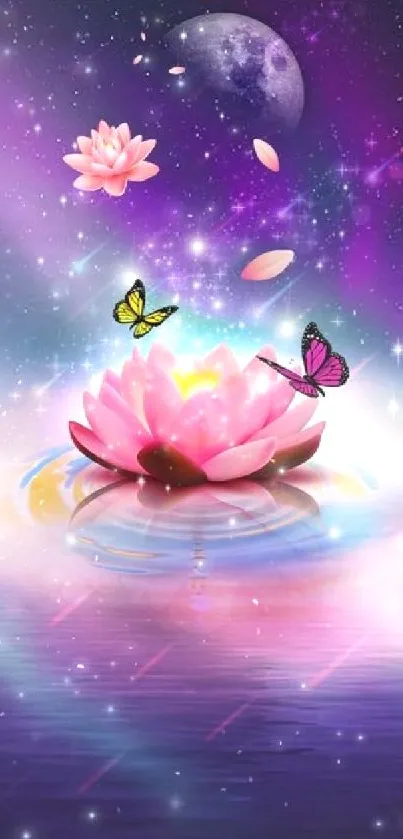 Pink lotus and butterflies against a purple galaxy background.