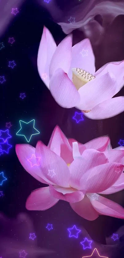 Pink lotus flowers with neon stars on a purple night sky.