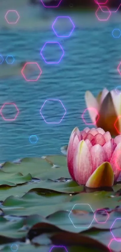 Lotus flowers with neon hexagons on water background