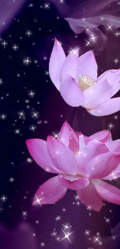 Mobile wallpaper with lotus flowers and galaxy stars, in purple hues.