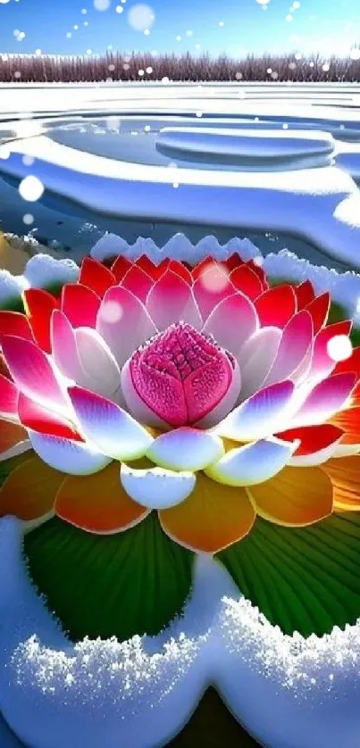 Colorful lotus blossom surrounded by snow in a tranquil landscape.