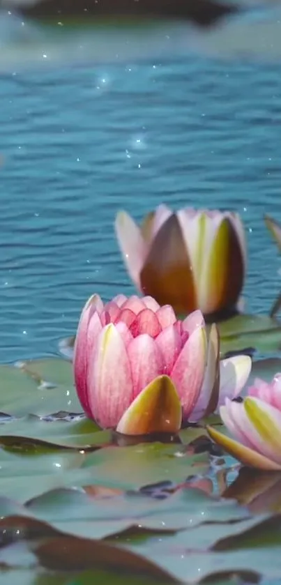 Serene lotus flowers on a tranquil pond wallpaper.