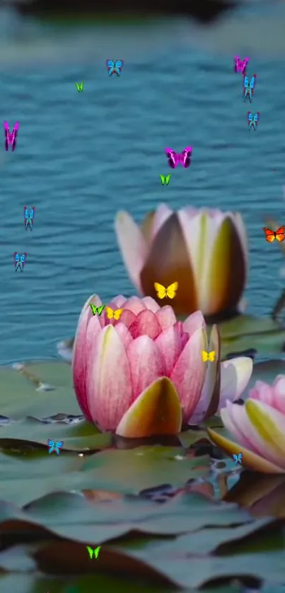 Lotus flowers in water with colorful butterflies fluttering.