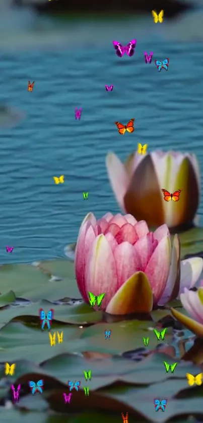 Serene pond with lotus flowers and colorful butterflies on tranquil water.