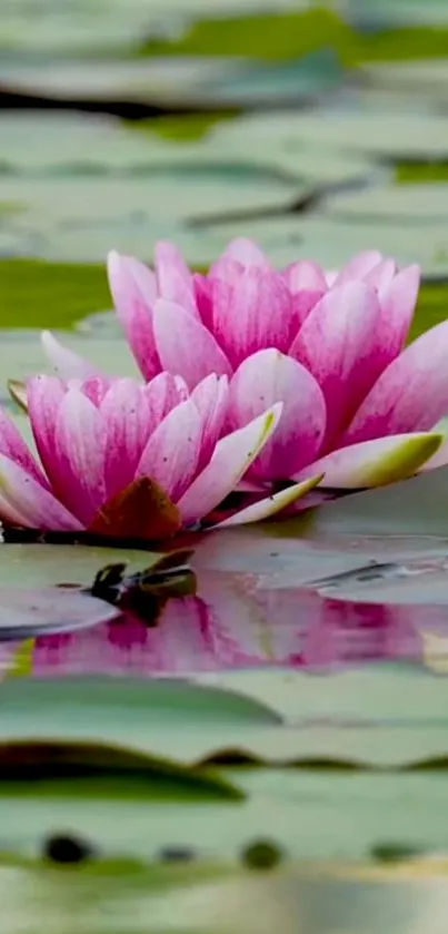 Pink lotus flowers floating on a green pond.