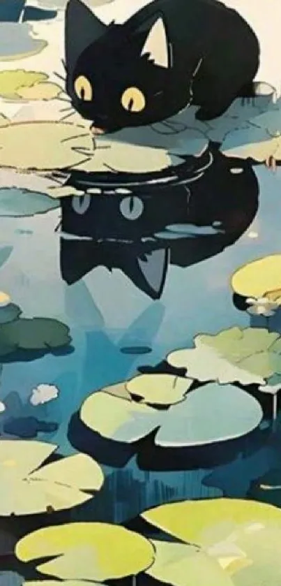 Illustration of a black cat on water lilies with a reflection.