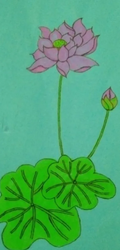 Hand-drawn lotus flower with green leaves on an aqua background wallpaper.