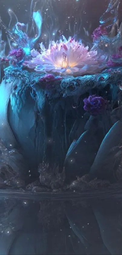 Ethereal lotus flower amid swirling waters.