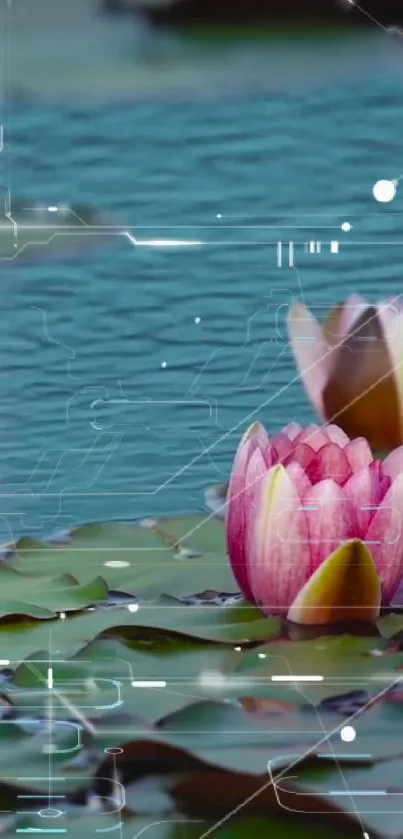 Lotus flowers in a digital pond with abstract elements.