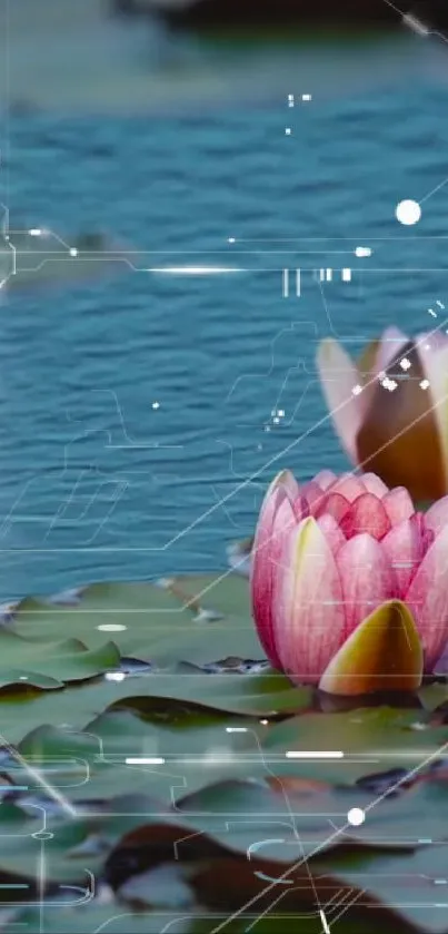 Lotus flower on serene blue pond with digital art touch.