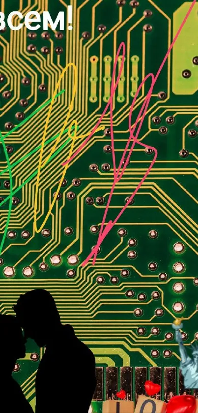 Romantic circuit board wallpaper with love theme.