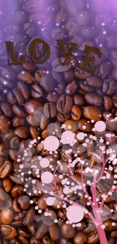 Artistic coffee beans wallpaper with love and floral accents.