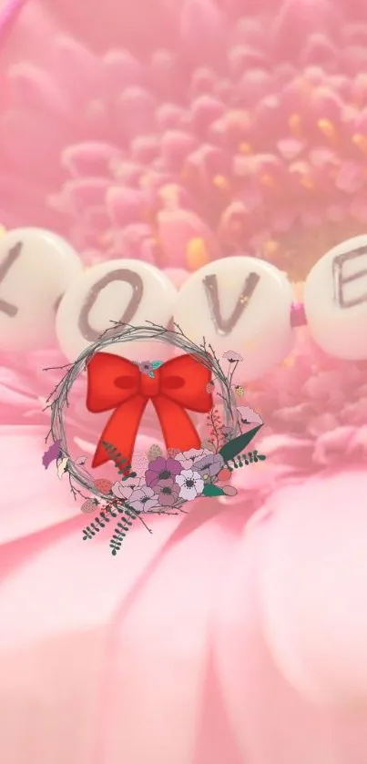 Pink flower wallpaper with love beads and wreath bow.