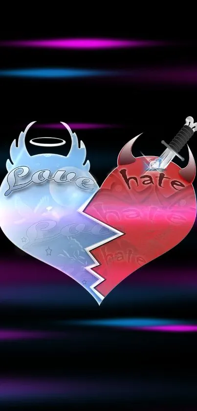 A vibrant 'Love and Hate' heart design wallpaper.