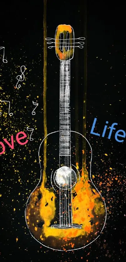 Guitar artwork with 'Love' and 'Life' text, colorful and abstract design.