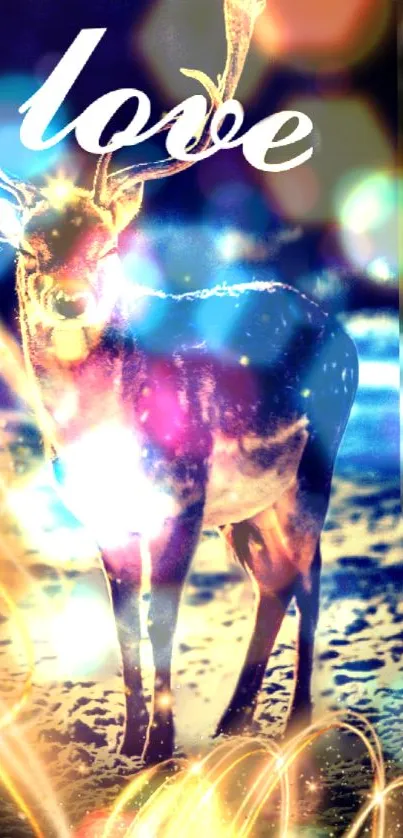 Colorful deer in nature with love text and bright lights.