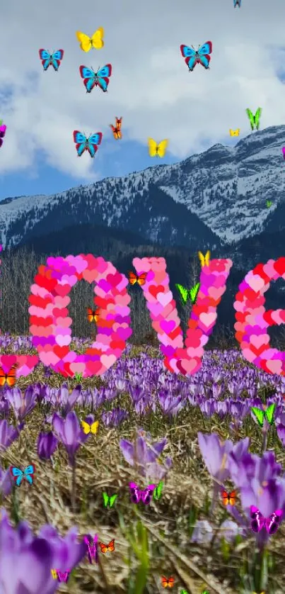 Colorful mountain love wallpaper with flowers.