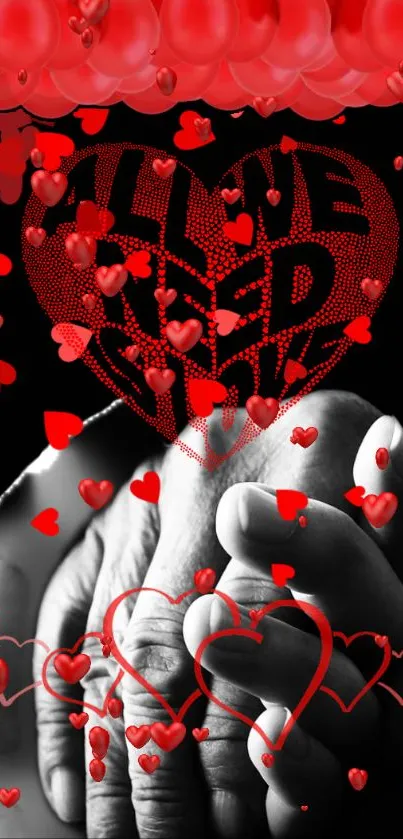 Romantic wallpaper with red hearts and hands symbolizing love.