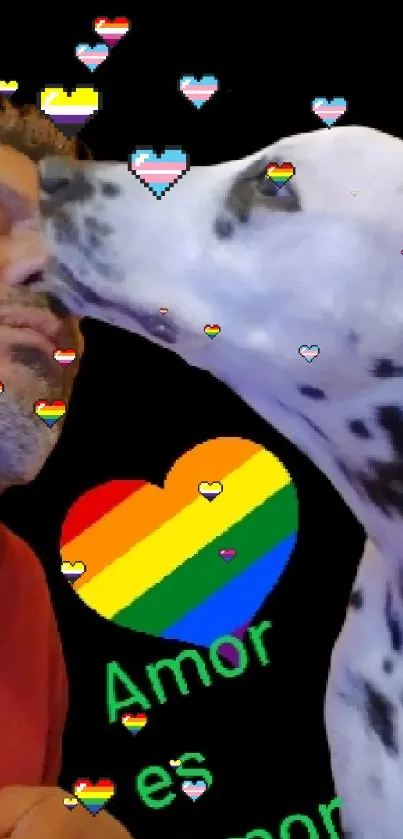 Dalmatian kisses a person with a rainbow heart symbolizing love and pride.