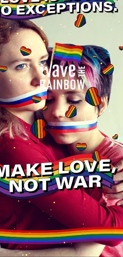 Two people embrace with rainbow hearts and 'Make Love, Not War' text.