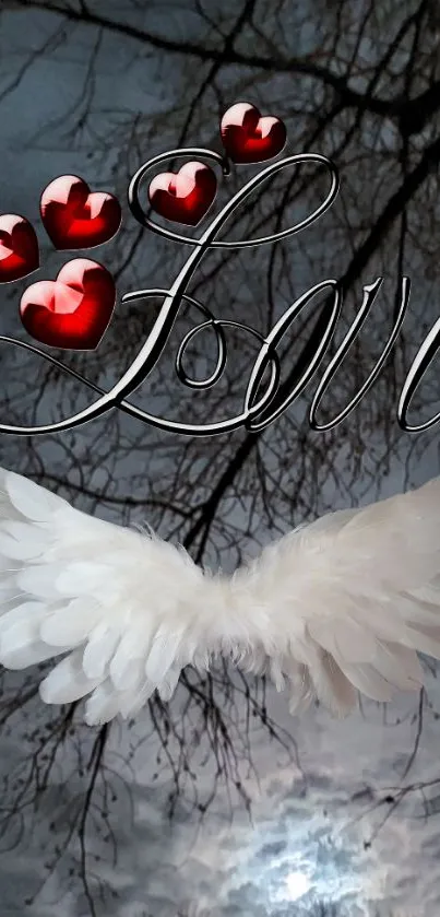 Romantic love wallpaper with red hearts and angel wings.